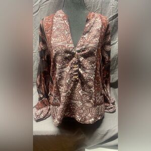 DAYTRIP WOMENS Brown floral V-NECK Shear Hi Low peasant sz S